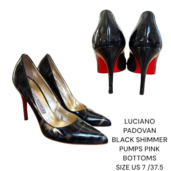 LUCIANO PADOVAN BLACK POINTED TOE GOLD SHIMMER PINK BOTTOM PUMPS HEELS US 7/37.5 - Picture 1 of 5
